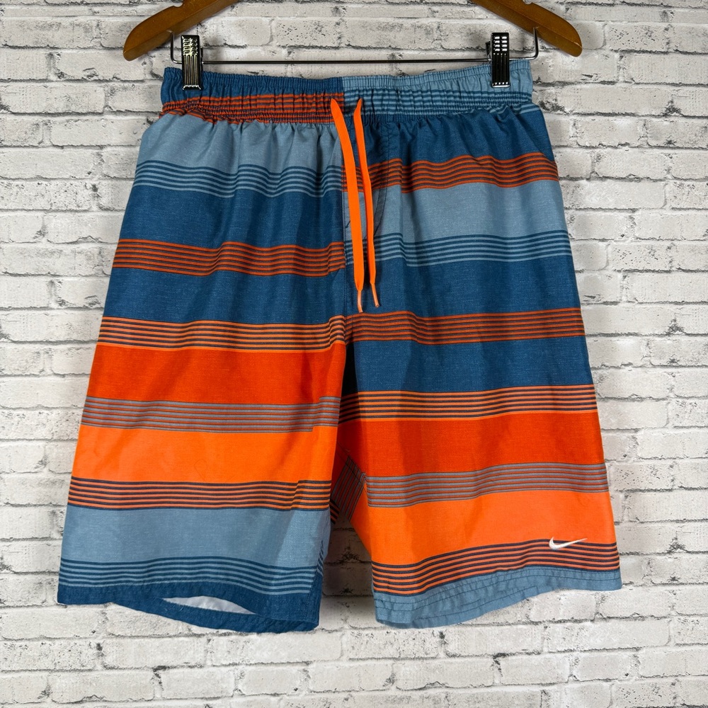 Nike Men's Striped Swim Shorts - Blue and Orange Size Medium